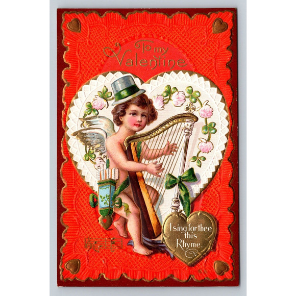 Antique Valentine Love Postcard Irish Cupid Playing Harp Floral Gilded Heart - Picture 1 of 2